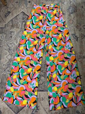 LOAVIES Women XS Fruit Lemon Print High Rise Wide Leg Pants Multicolor